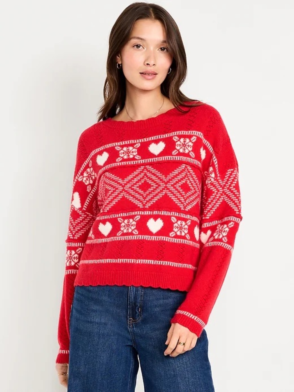 Old Navy Crew-Neck Heart Sweater Red L Large Novelty Valentines Girly Feminine